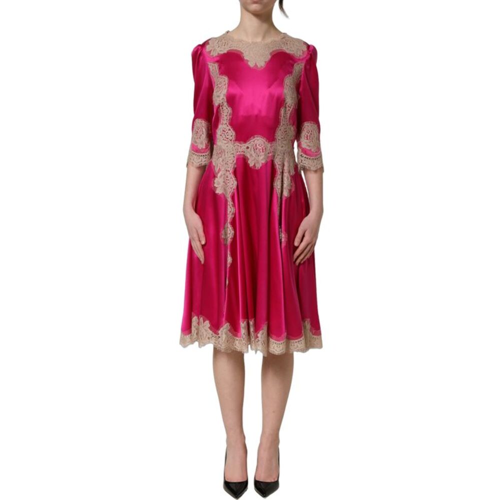 Dolce & Gabbana Fuchsia Pink Lace Detail A-line Midi Women's Dress